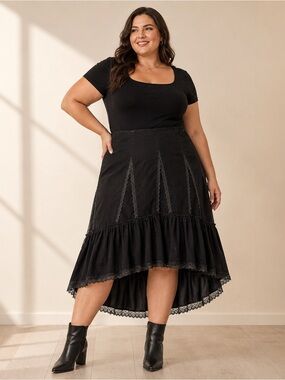 Vintage 90s Y2K MXM Black Corduroy High Low Lace Maxi Skirt Plus Size 22 goth